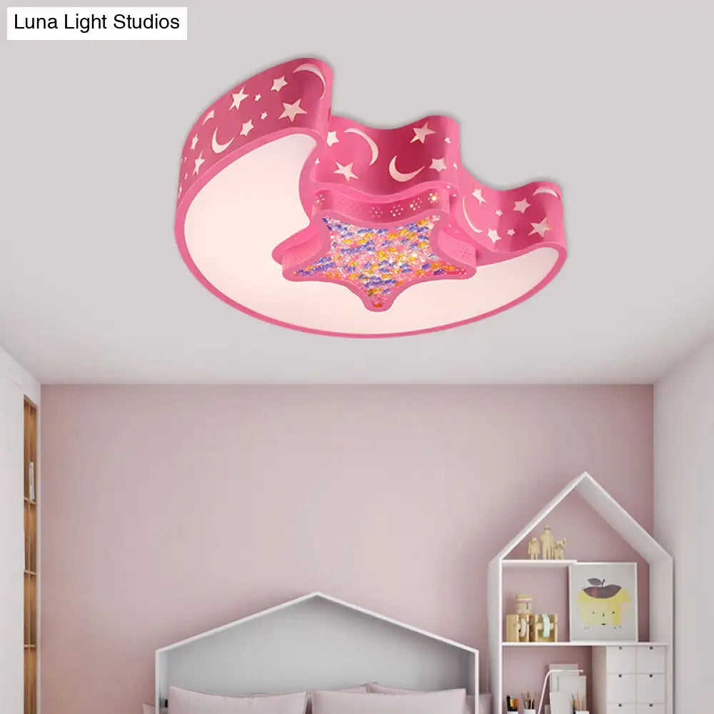 Contemporary Led Flush Pendant Light For Bedroom - Ceiling Mounted Fixture With Moon And Star Design
