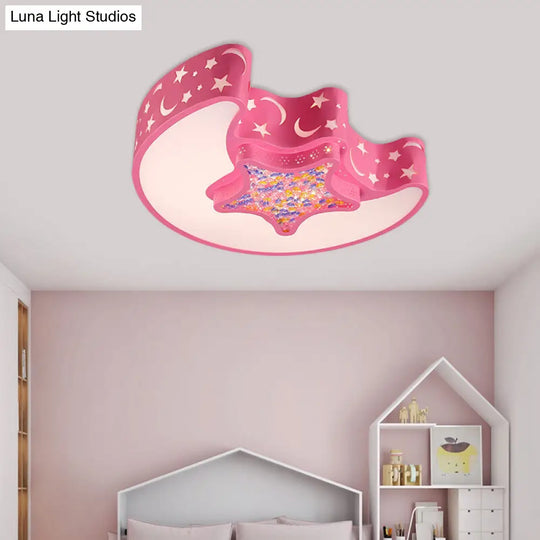 Contemporary Led Flush Pendant Light For Bedroom - Ceiling Mounted Fixture With Moon And Star Design