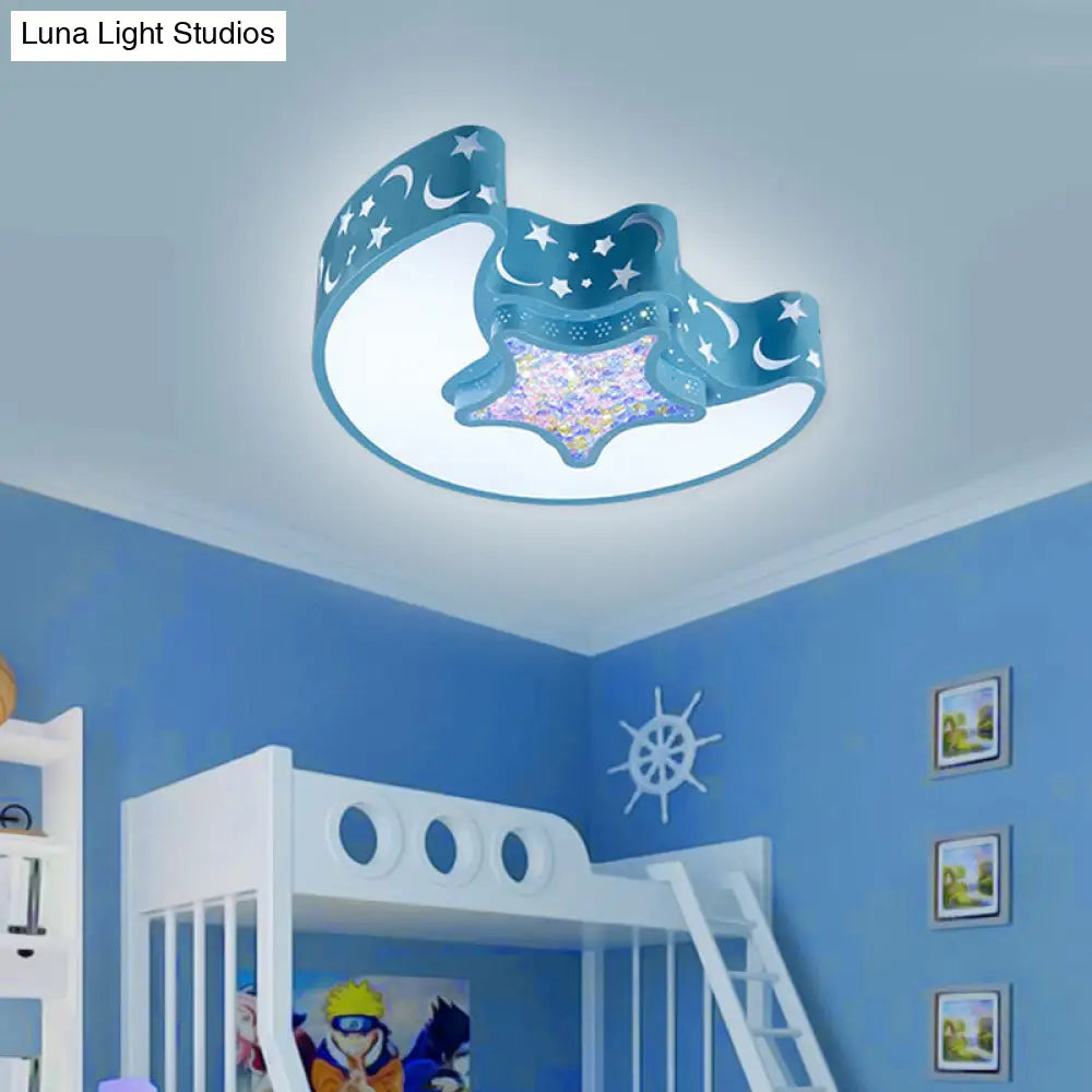 Contemporary Led Flush Pendant Light For Bedroom - Ceiling Mounted Fixture With Moon And Star