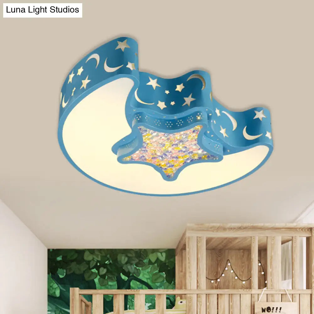 Contemporary Led Flush Pendant Light For Bedroom - Ceiling Mounted Fixture With Moon And Star Design