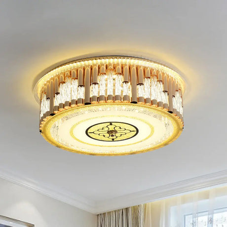 Contemporary Led Gold Flush Mount Drum Bedchamber Light Fixture With Clear Crystal Stripes