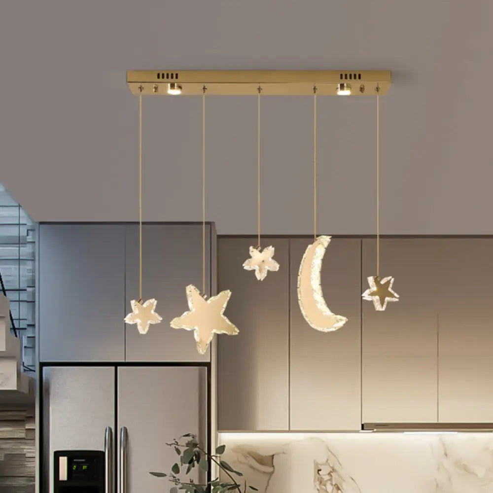 Contemporary Led Pendant Lamp - Moon And Star Bedroom Hanging Light With Clear Crystal Blocks
