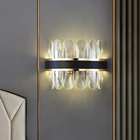 Contemporary Led Wall Sconce In Black - Clear Rectangle-Cut Crystal Half Cylinder Design For Bedside