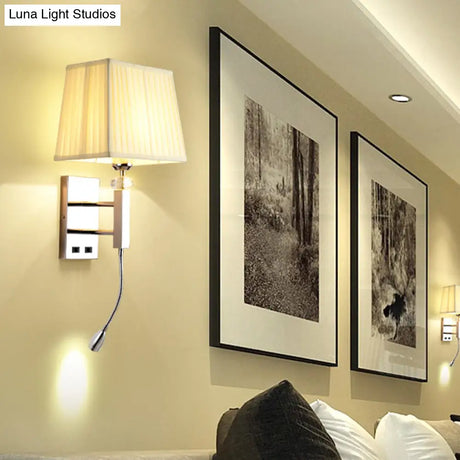 Contemporary Led Wall Sconce In Chrome For Living Room - Tapered Fabric Design