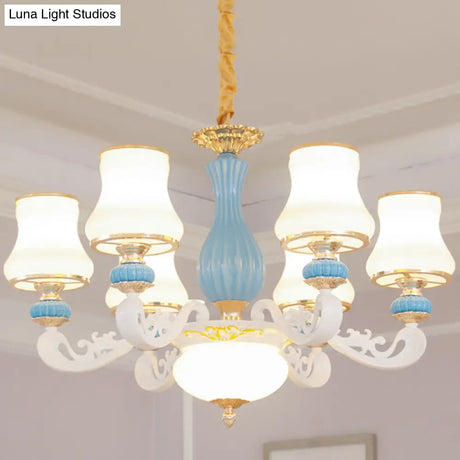 Contemporary Light Blue Pendant Chandelier For Living Room With White Glass Tapered Design