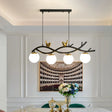 Contemporary Linear/Branch Dining Room Island Lamp - Cream Glass Ball 4 Heads Hanging Pendant With