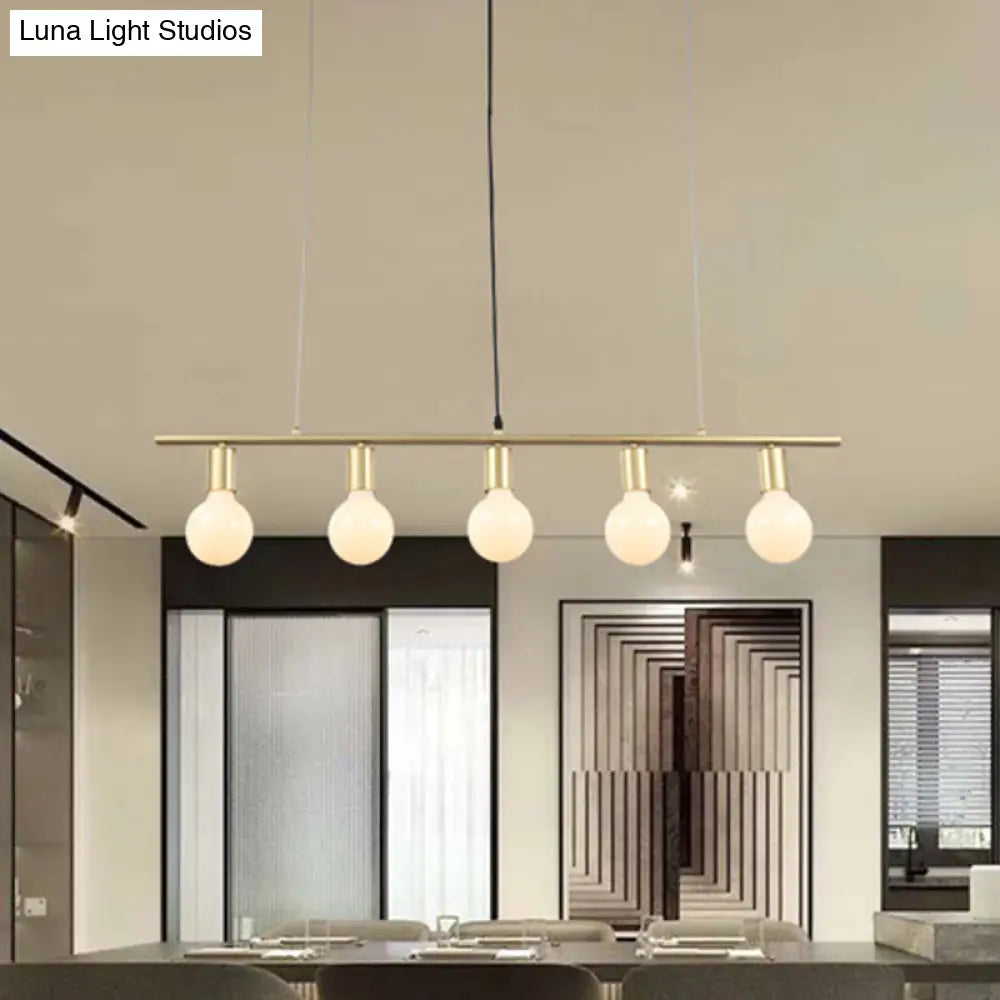 Contemporary Linear Metal Island Lighting With 5 Bulbs - White/Gold Finish Ceiling Lamp For Dining