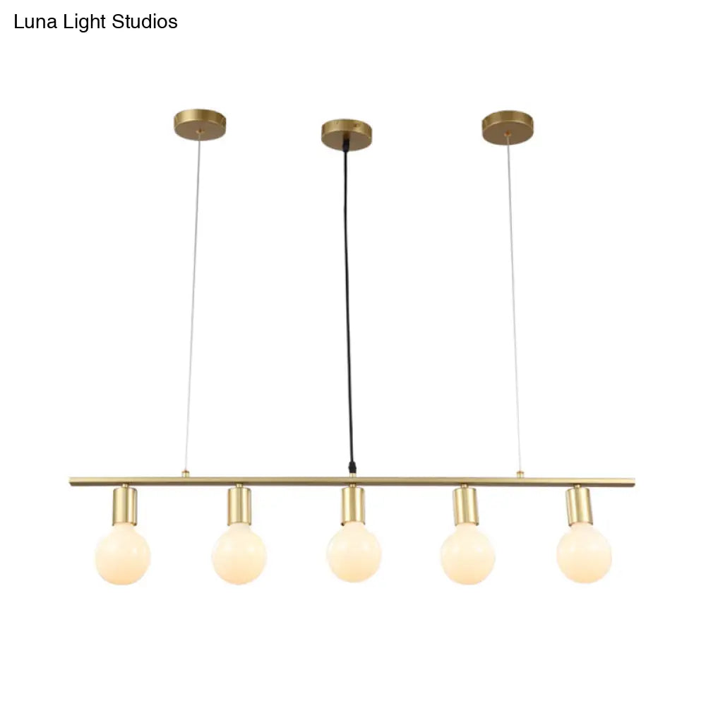 Contemporary Linear Metal Island Lighting With 5 Bulbs - White/Gold Finish Ceiling Lamp For Dining