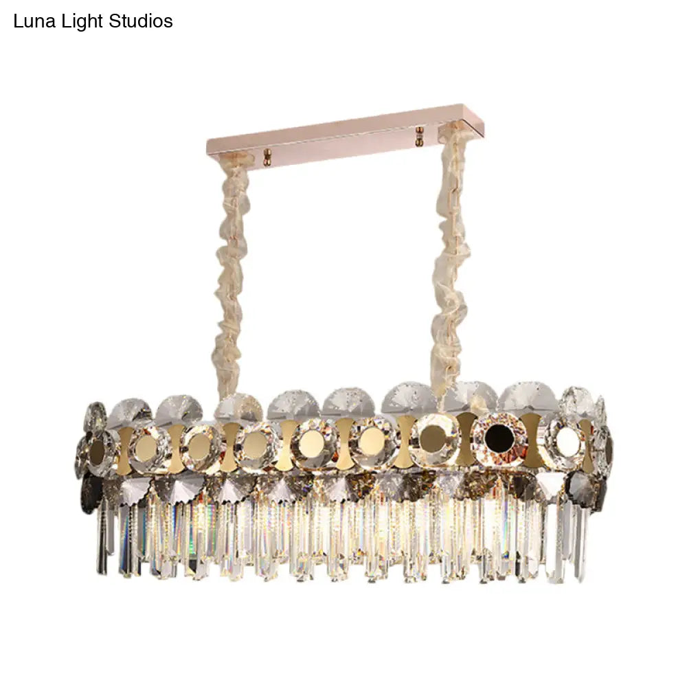 Contemporary Metal-Facing Island Chandelier With 11 Bulbs Clear Crystal Prisms And Hanging Light