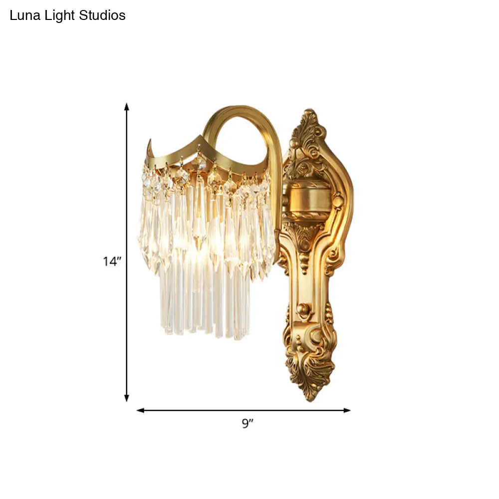 Contemporary Metal Gooseneck Wall Lamp With Clear Crystal Prism In Gold For Corridor