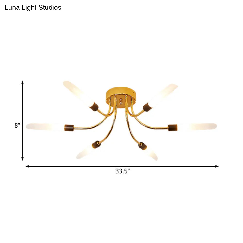 Contemporary Metal Sputnik Semi Flush Mount Lamp With White Glass Tube Shade - 6/8 Led Gold Lights