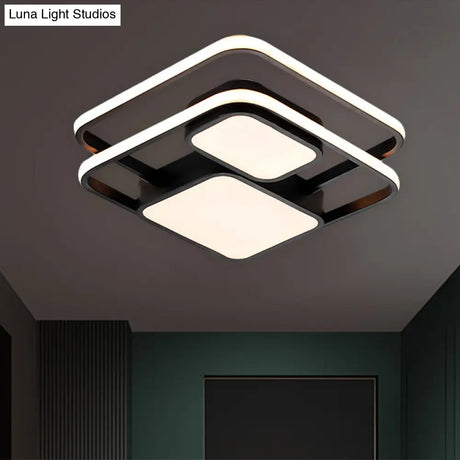 Contemporary Metallic Squared Flush Mount Lamp - White/Black Led Light 16.5’/20.5’ Width White/Warm