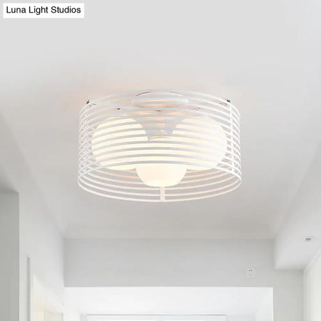 Contemporary Milk Glass Dome Flushmount: 3 - Head Flush Mount Ceiling Light With Black/White Drum