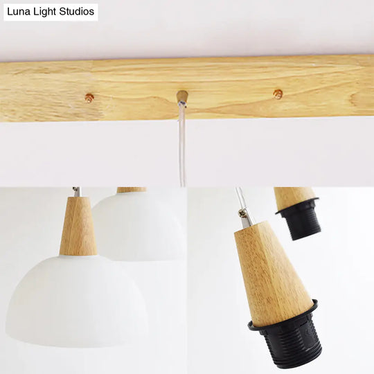 Contemporary Milk Glass Dome Hanging Lamp - 3 Light Indoor Pendant With White Wooden Cap