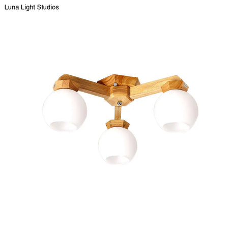 Contemporary Milk Glass Semi Flush Mount Light With Wood Fixture Arm - 3/5/7 Lights Branch Lighting