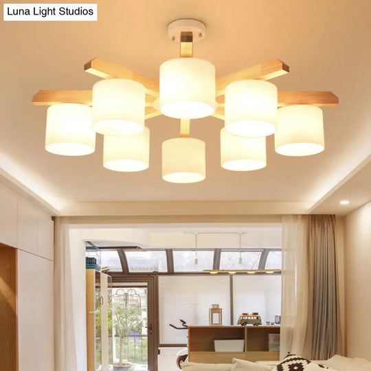 Opal Glass Barrel Shade Led Wood Chandelier For Contemporary Living Room