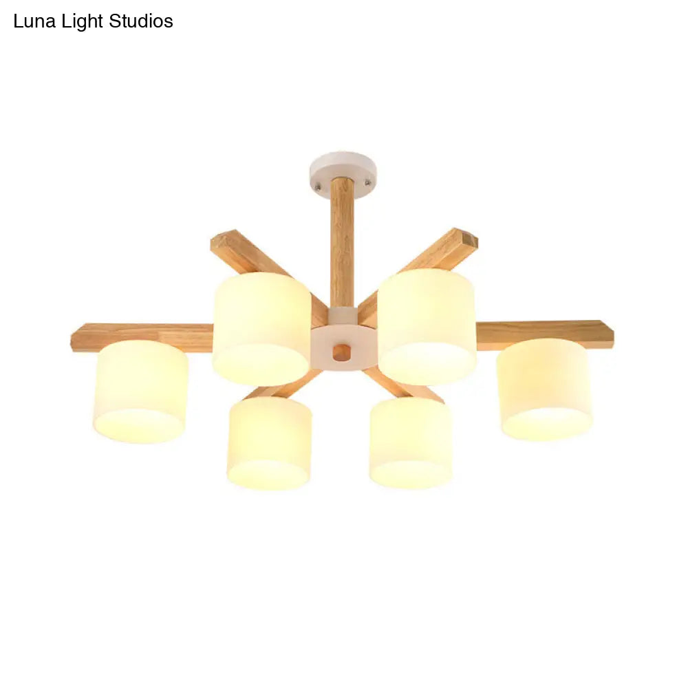 Opal Glass Barrel Shade Led Wood Chandelier For Contemporary Living Room