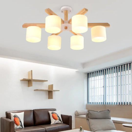 Contemporary Opal Glass Barrel Shade Led Wood Chandelier For Living Room 6 /