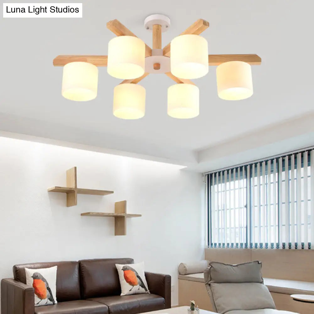 Opal Glass Barrel Shade Led Wood Chandelier For Contemporary Living Room 6 /