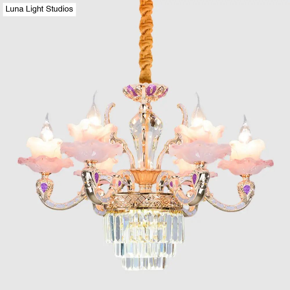 Contemporary Pink Glass Pendant Chandelier With Tiered Crystal Bottom - 6 Lights 2-Layer Ruffle