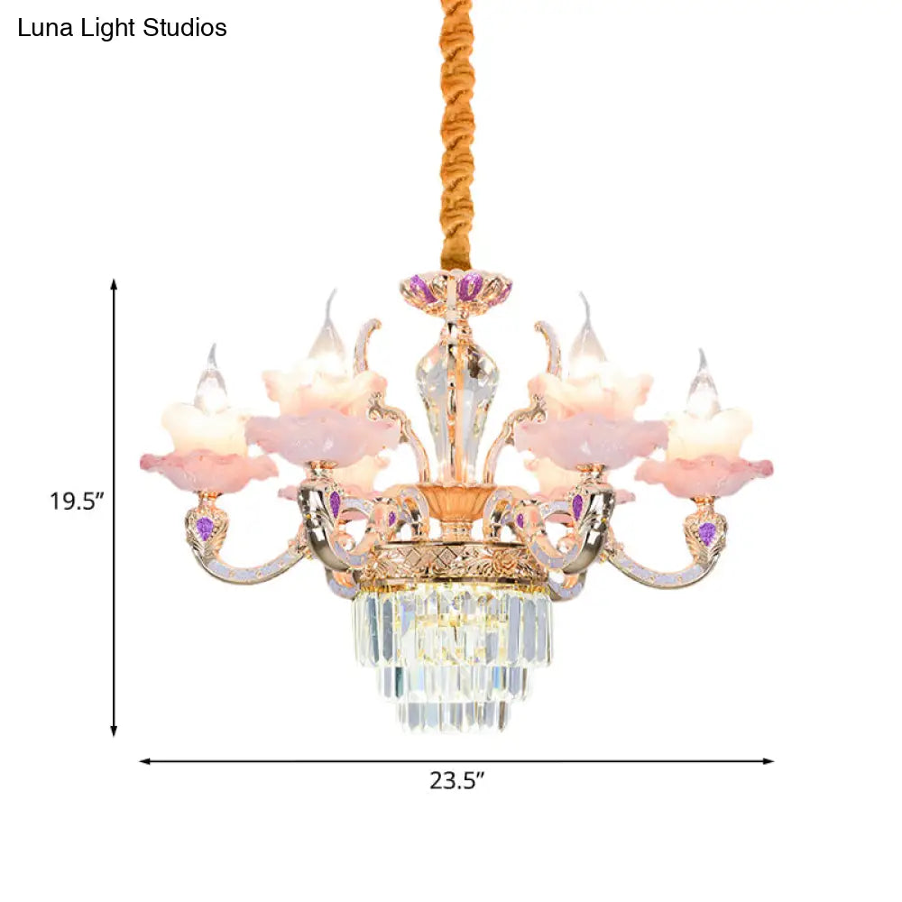 Contemporary Pink Glass Pendant Chandelier With Tiered Crystal Bottom - 6 Lights 2-Layer Ruffle