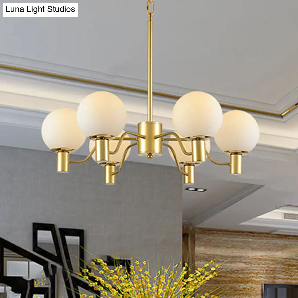 Contemporary Radial White Glass Chandelier With Gold Finish - Stunning Ball Shade Hanging Light
