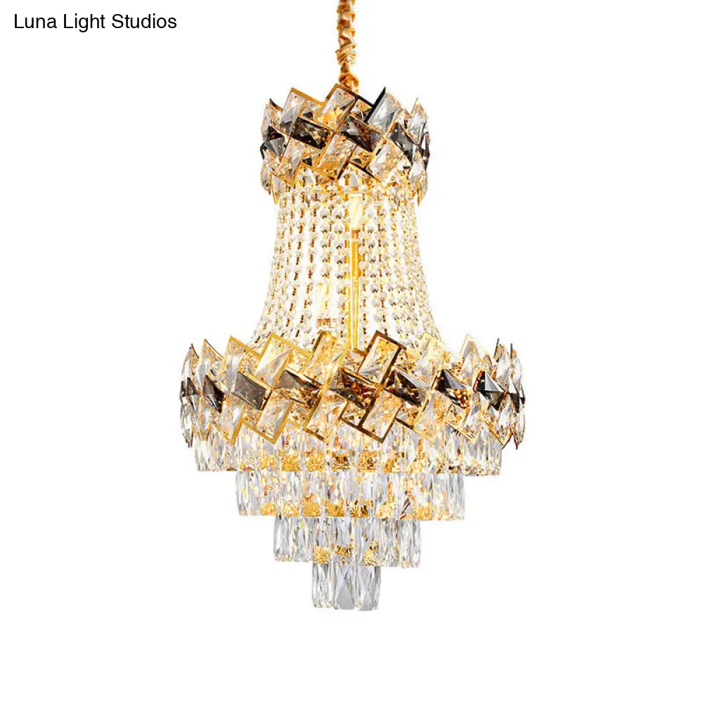 Contemporary Rectangle-Cut Crystal Hanging Pendant Light - 3/5-Bulb Gold Chandelier 12’/16’ Wide