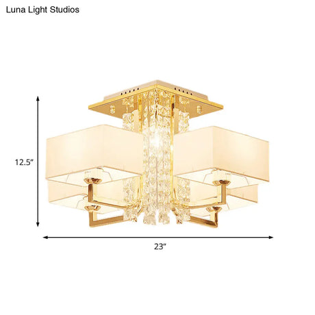 Contemporary Rectangle White Ceiling Light With Crystal Deco - Fabric And Metal Semi Mount Lighting