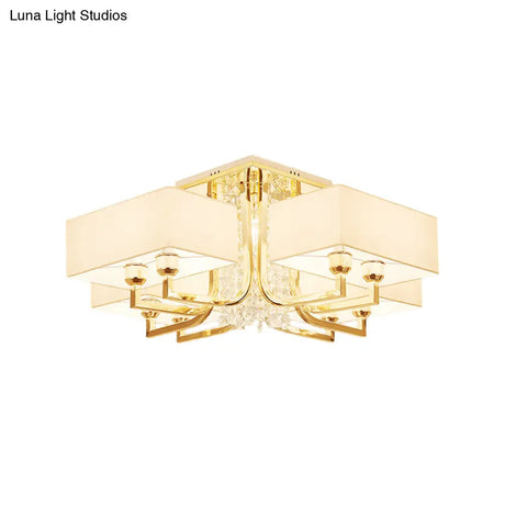 Contemporary Rectangle White Ceiling Light With Crystal Deco - Fabric And Metal Semi Mount Lighting