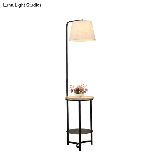 Contemporary Round Fabric Floor Lamp With 2-Tier Shelf - Single-Bulb White Standing Lighting