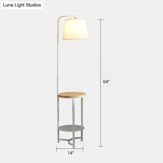 Contemporary Round Fabric Floor Lamp With 2-Tier Shelf - Single-Bulb White Standing Lighting