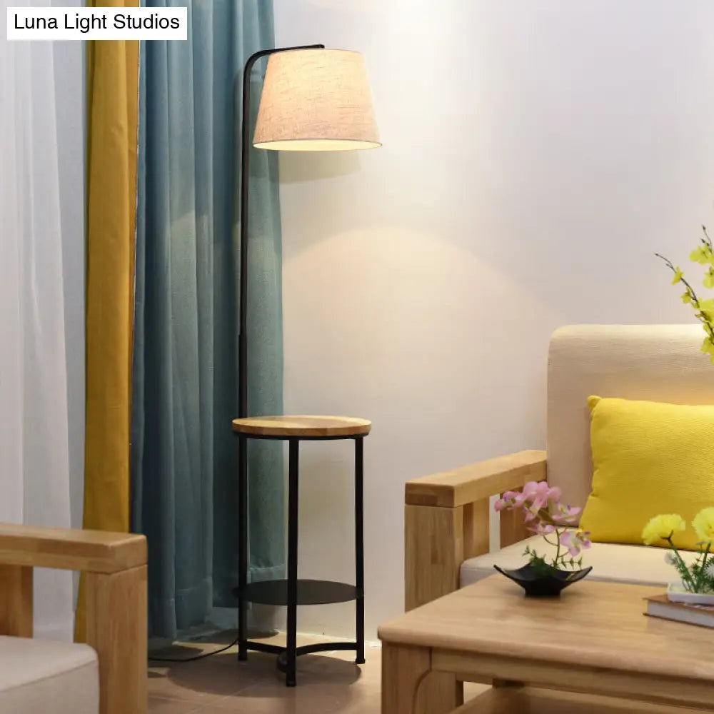 Contemporary Round Fabric Floor Lamp With 2-Tier Shelf - Single-Bulb White Standing Lighting