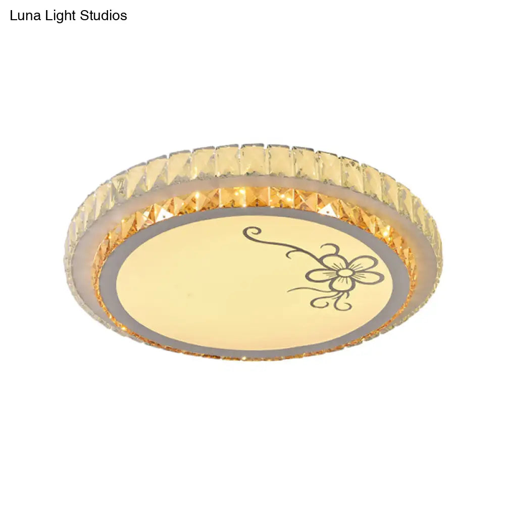 Contemporary Round Led Ceiling Flush Mount With Clear Cut Crystal & Elegant Floral/Cubical Pattern