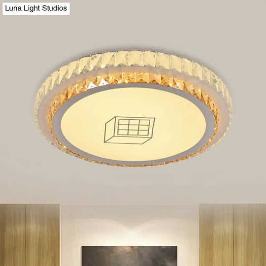 Contemporary Round Led Ceiling Flush Mount With Clear Cut Crystal & Elegant Floral/Cubical Pattern /