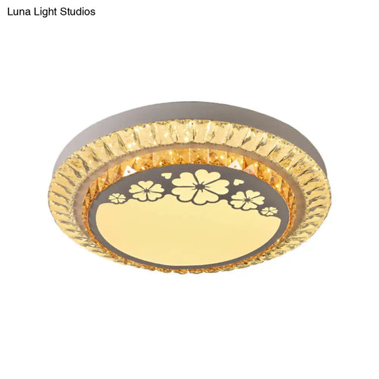 Contemporary Round Led Ceiling Flush Mount With Clear Cut Crystal & Elegant Floral/Cubical Pattern
