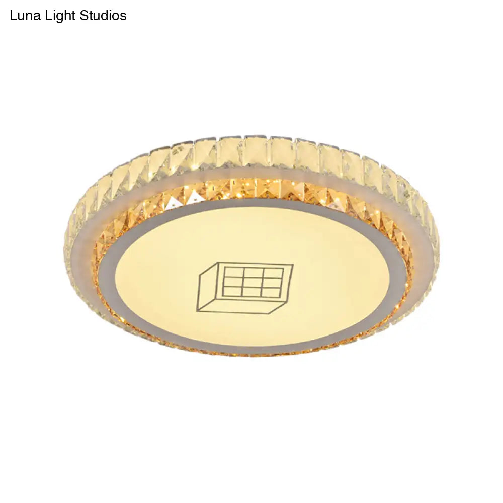 Contemporary Round Led Ceiling Flush Mount With Clear Cut Crystal & Elegant Floral/Cubical Pattern