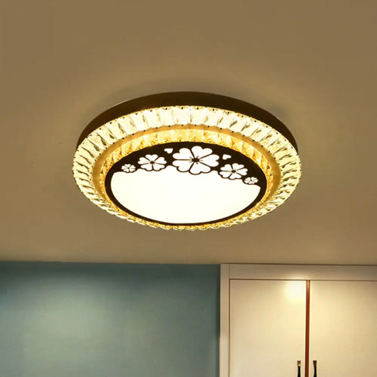 Contemporary Round Led Ceiling Flush Mount With Clear Cut Crystal & Elegant Floral/Cubical Pattern