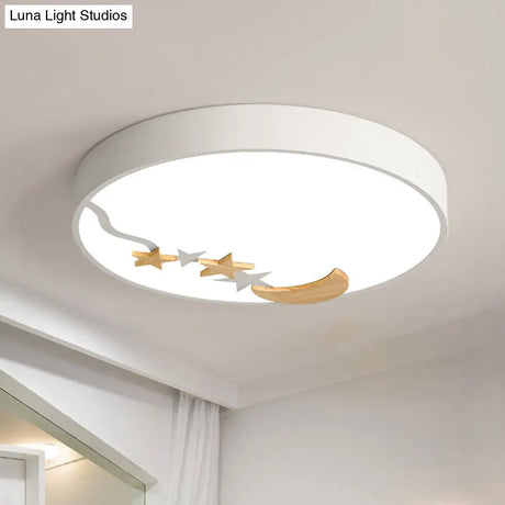 Contemporary Round Metal Led Close To Ceiling Lamp With Wooden Moon And Star Decoration -