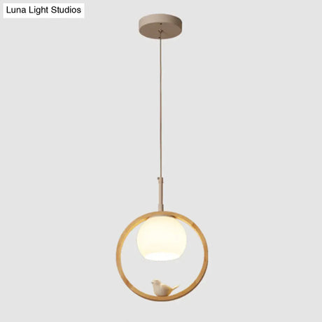 Contemporary Round Natural Wood Pendant Light - Bedroom Hanging Lamp With Bird Accent