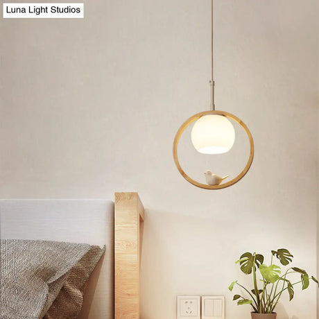 Contemporary Round Natural Wood Pendant Light - Bedroom Hanging Lamp With Bird Accent