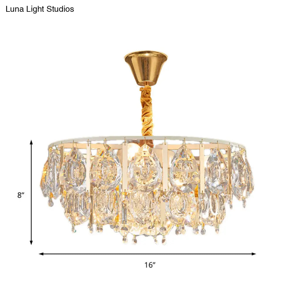 Contemporary Gold Chandelier: Round Teardrop Crystal Hanging Light Kit 3/4 Lights 16/19.5 Wide