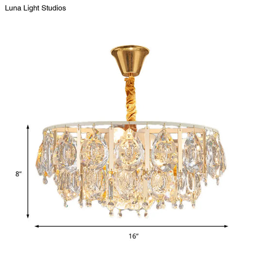 Contemporary Gold Chandelier: Round Teardrop Crystal Hanging Light Kit 3/4 Lights 16/19.5 Wide