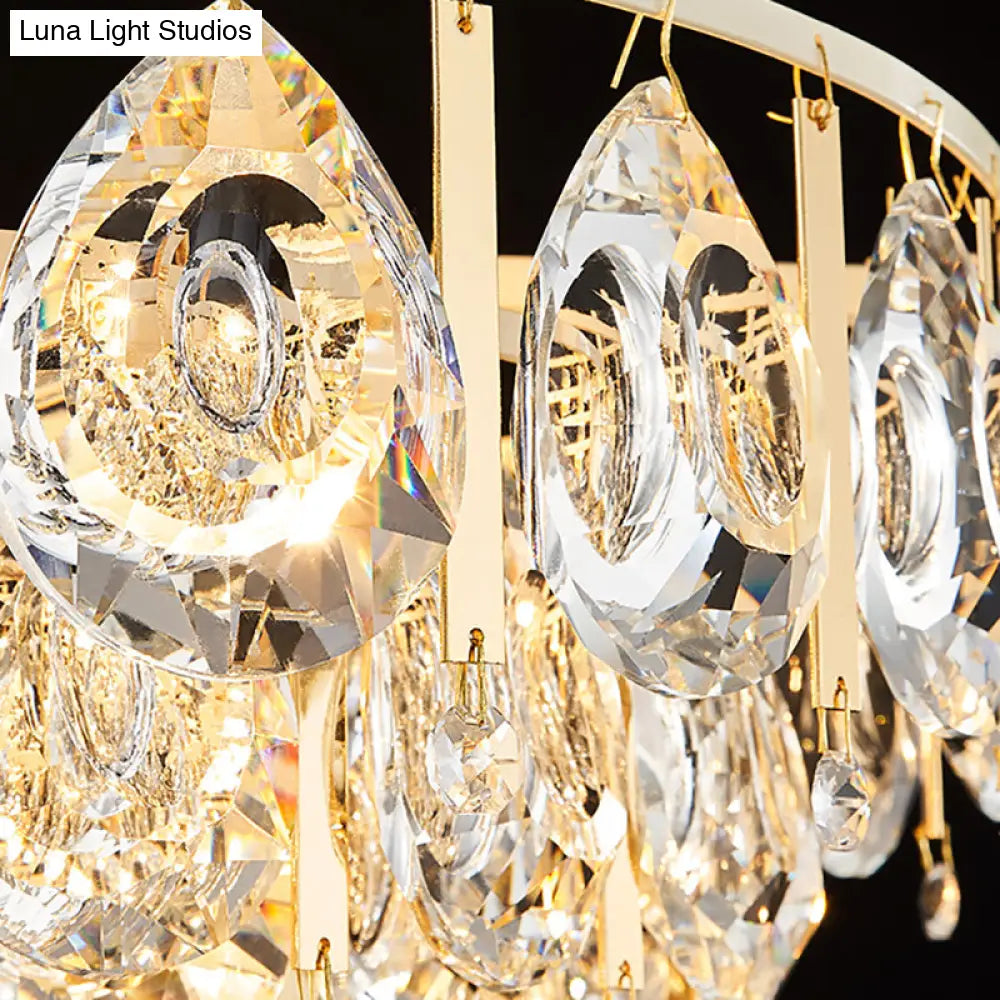Contemporary Gold Chandelier: Round Teardrop Crystal Hanging Light Kit 3/4 Lights 16/19.5 Wide