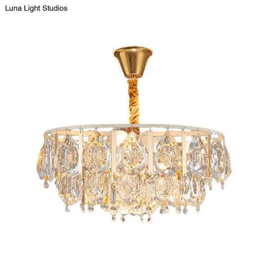 Contemporary Round Teardrop Crystal Hanging Light Kit: 3/4 Lights Gold Chandelier 16’/19.5’ Wide