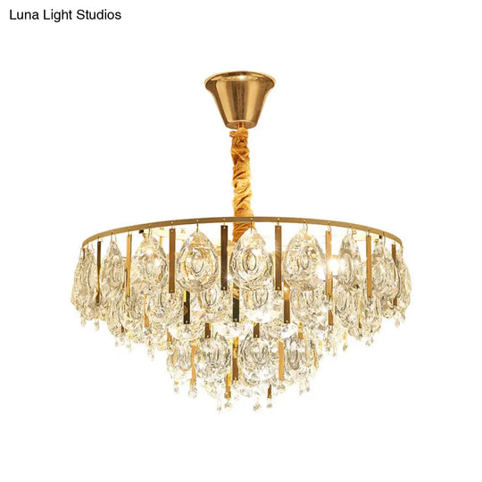 Contemporary Round Teardrop Crystal Hanging Light Kit: 3/4 Lights Gold Chandelier 16’/19.5’ Wide