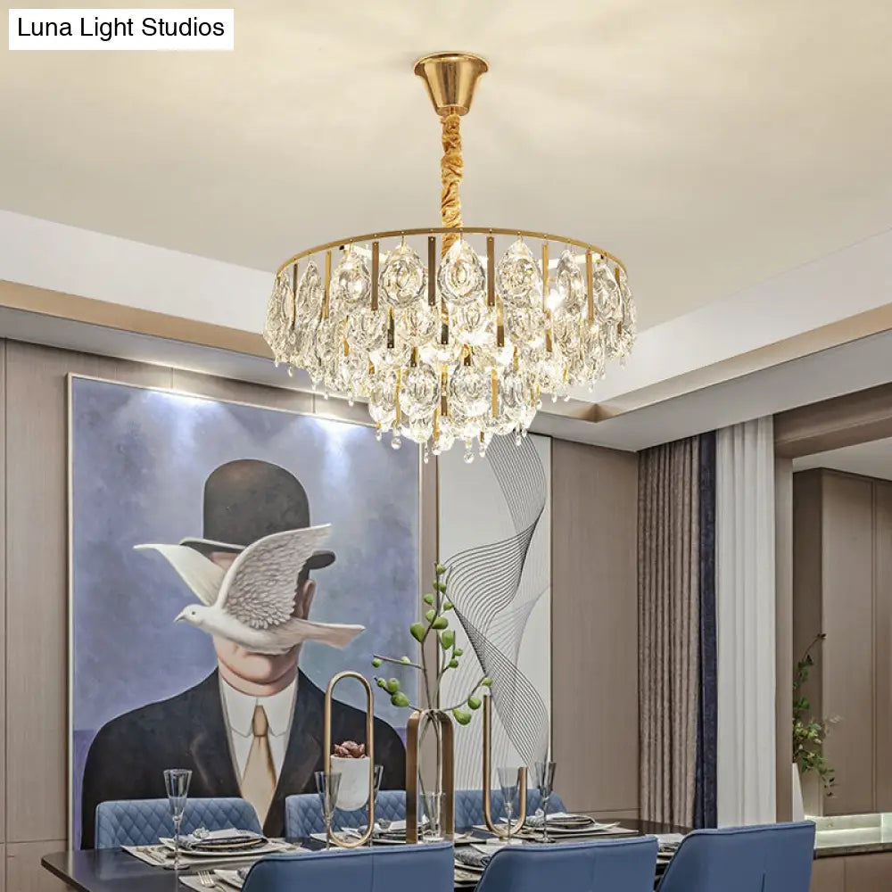 Contemporary Gold Chandelier: Round Teardrop Crystal Hanging Light Kit 3/4 Lights 16/19.5 Wide /