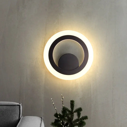 Contemporary Round Wall Sconce Light - Black Metal Led Lamp Warm/White