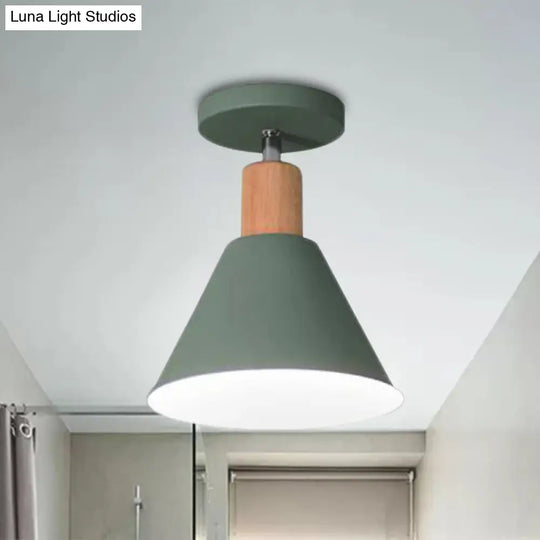 Contemporary Semi-Flushmount Ceiling Lamp - Green/White/Gray Nordic Metal 1 Bulb Indoor With Shade
