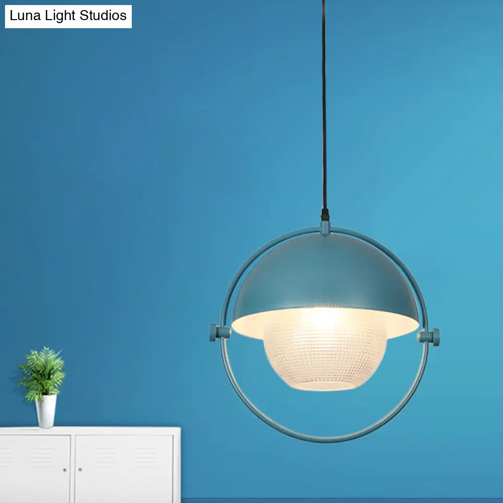 Contemporary Semicircle Pendant Light Kit With 1 Bulb Blue/Gold Metal Finish And Clear Latticed