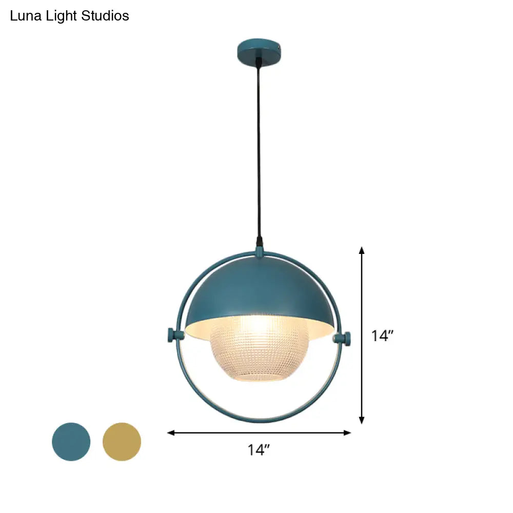 Contemporary Semicircle Pendant Light Kit With 1 Bulb Blue/Gold Metal Finish And Clear Latticed
